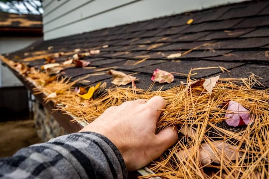 A picture of a gutter filled with leaves