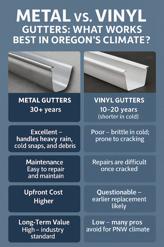 A split image comparing a metal gutter and a vinyl gutter in a rainy climate