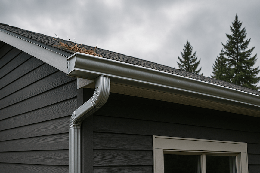 A picture of a gutter system designed to be fire-resistant on a home with a forest in the background