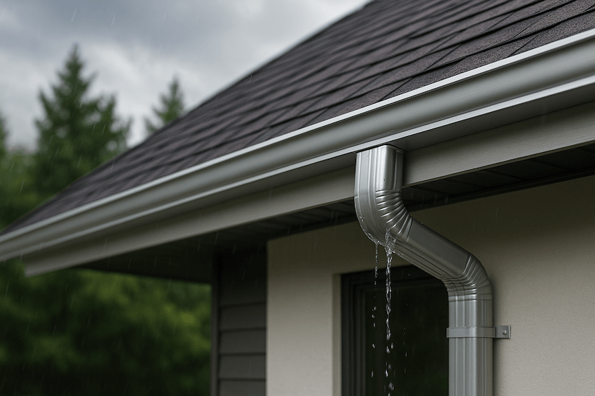 A picture of an aluminum gutter on a home in a rainy environment
