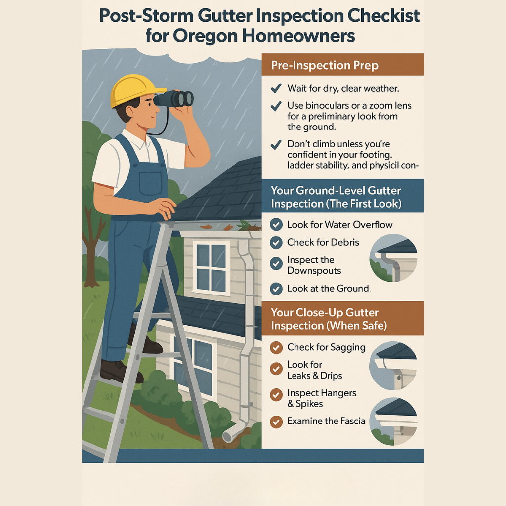 Oregon gutter inspection, post-storm gutter repair, rain gutter cleaning Oregon, gutter maintenance checklist, fascia board repair, downspout inspection, roof drainage Oregon, gutter slope correction, gutter replacement cost, Gutter Empire