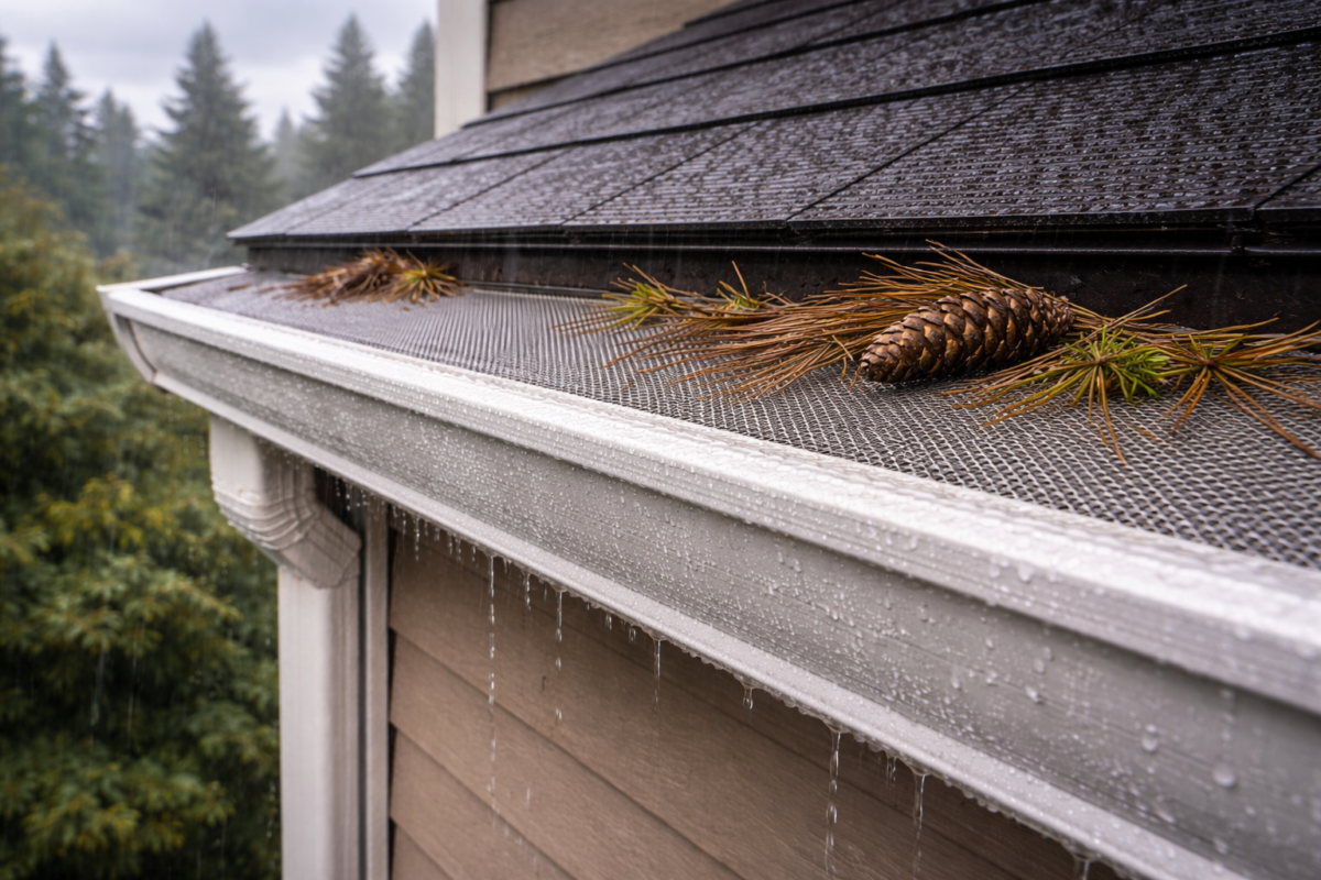 gutter guards Oregon, gutter guard installation, gutter screens, micro-mesh gutter guards, pine needle debris gutters, Oregon rain gutters, gutter maintenance Oregon, clogged gutters prevention, moss in gutters, rainwater drainage protection, fascia water damage, overflow prevention