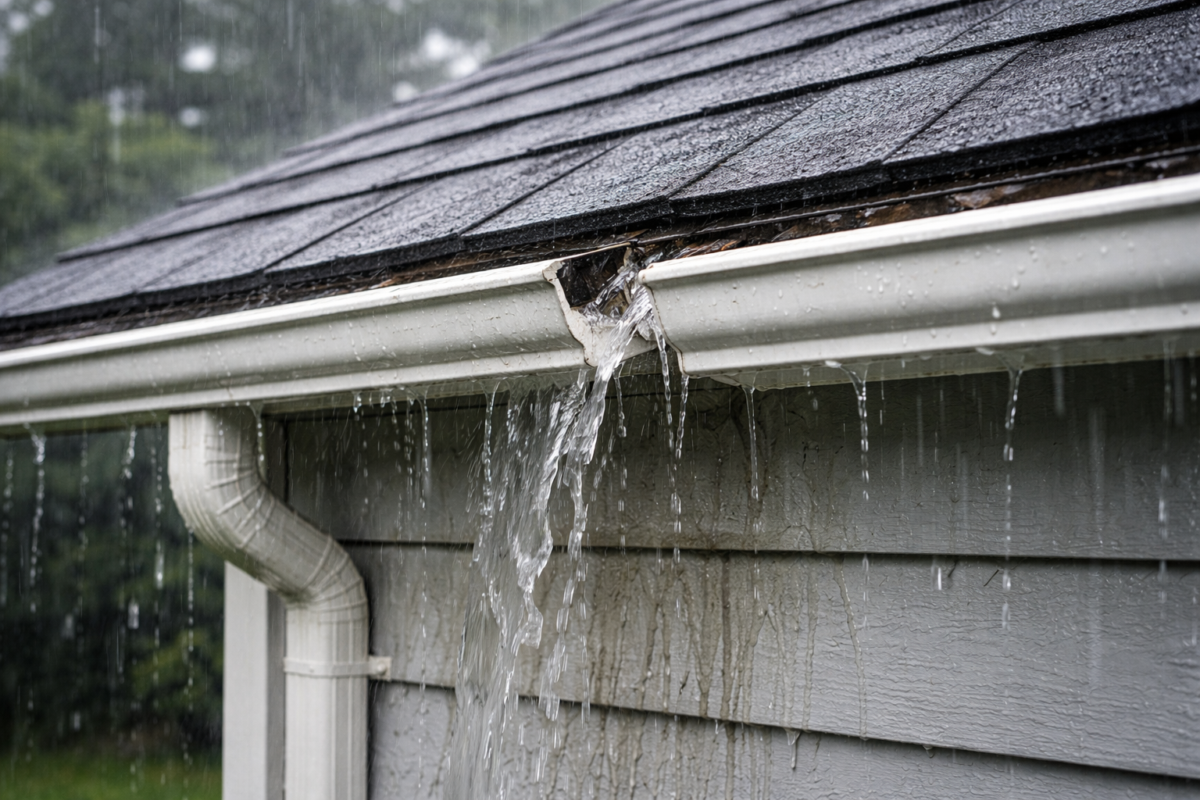 gutter repair after new roof, new roof gutter problems, drip edge gutter alignment, gutter repair Oregon, Portland gutter repair, fascia moisture damage, gutter pitch correction, gutter inspection after reroof, rain gutter alignment, roof runoff gutter capacity