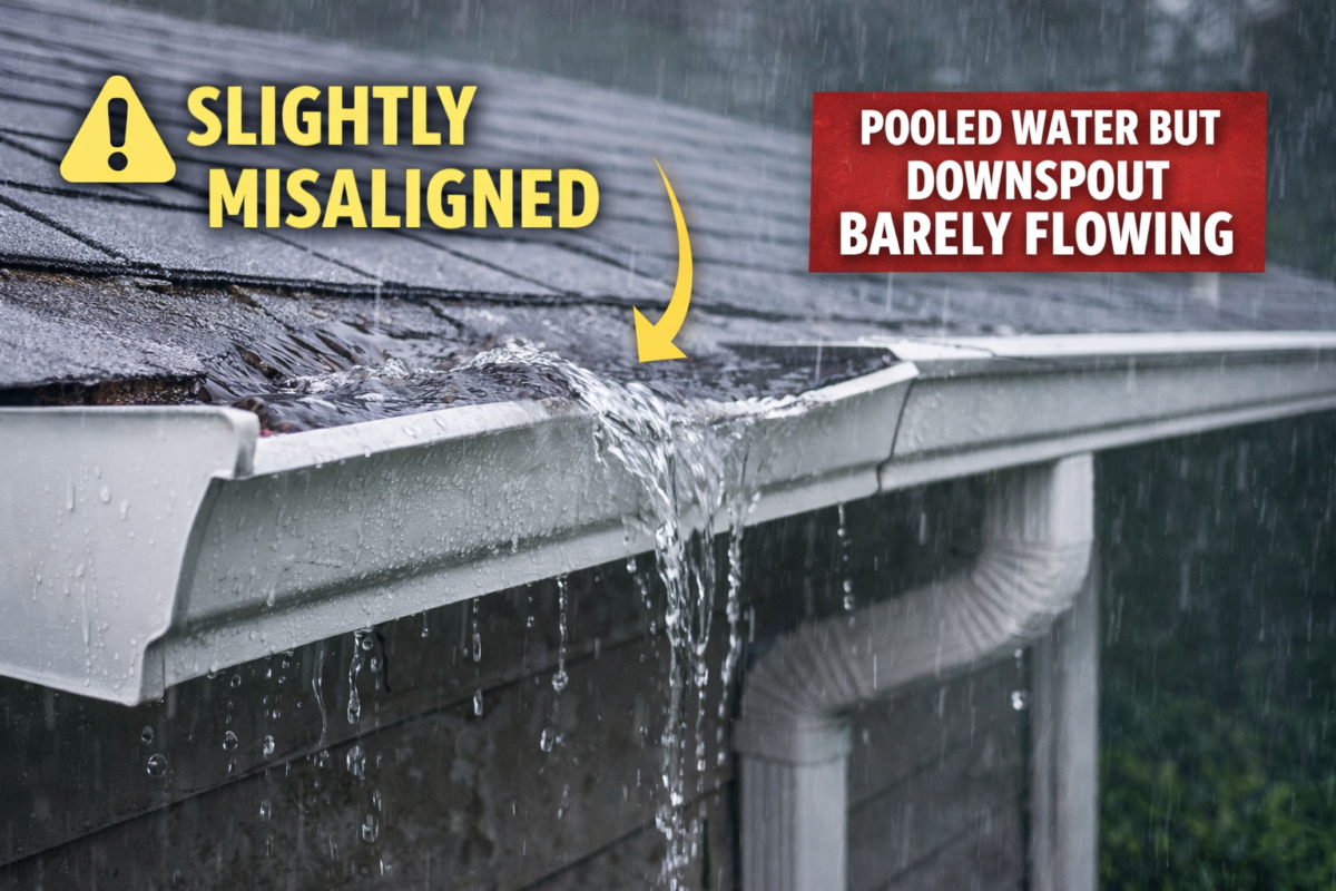 gutter alignment, gutter pitch, gutter repair, misaligned gutters, rain gutter drainage, gutter maintenance, rain gutter repair