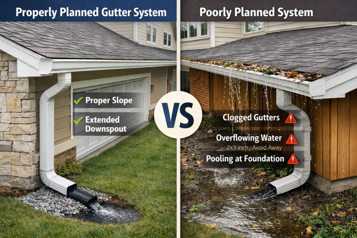 gutter installation, gutter sizing, seamless gutters, downspout placement, rainy climate gutters, gutter materials